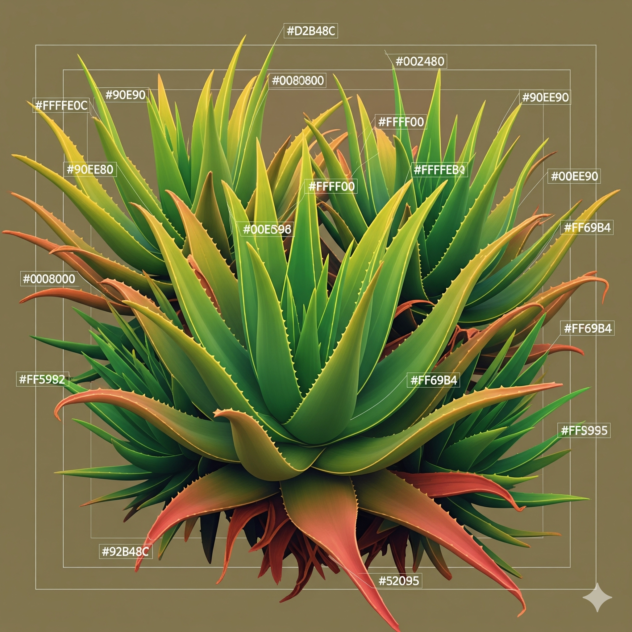 Concept art de la planta de Aloe Vera con paleta de colores